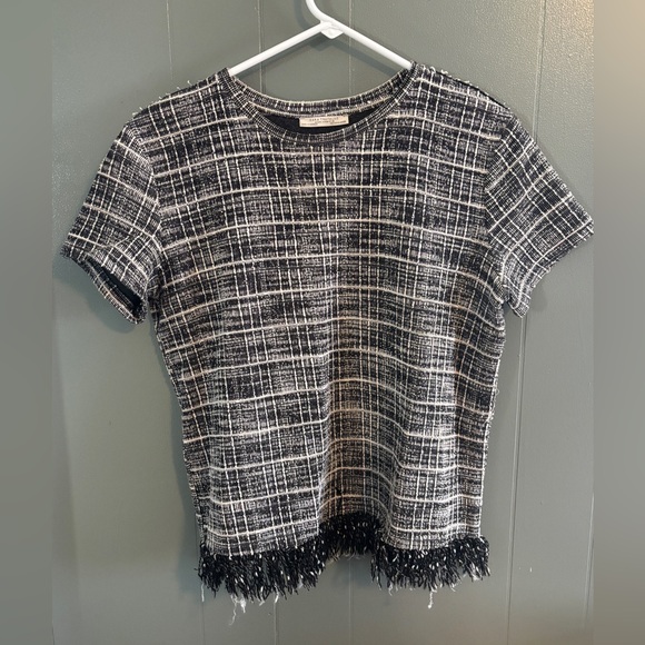 Zara - White/Black Frayed Short Sleeve - M - Picture 1 of 6